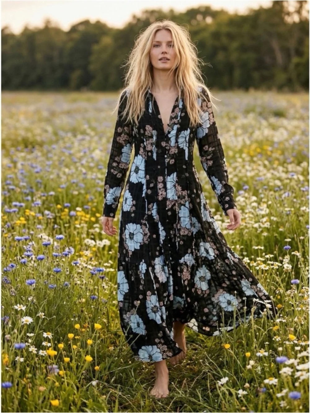 Free People Long Sleeve Back At It Maxi Dress Black Blue Floral - Medium